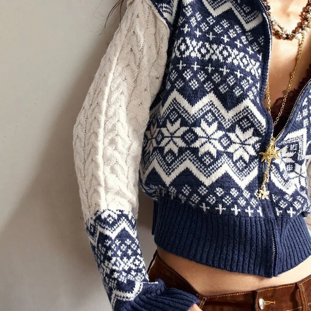 Womens Blue High Neck Zip up Fair Isle Print Chunky Cable Knit Cardigan